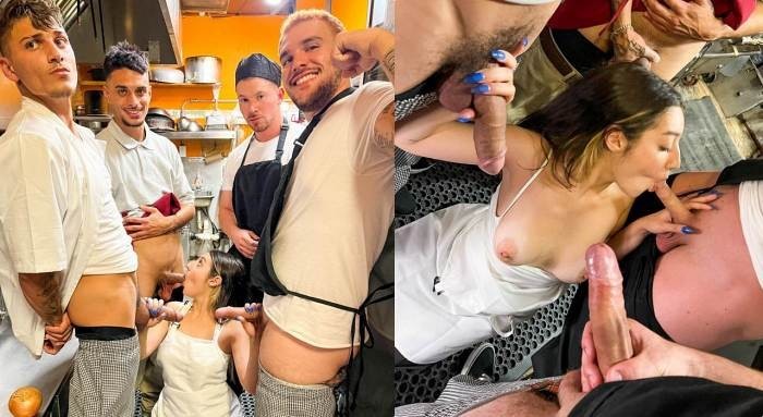 talented guys shared a pussy in the kitchen